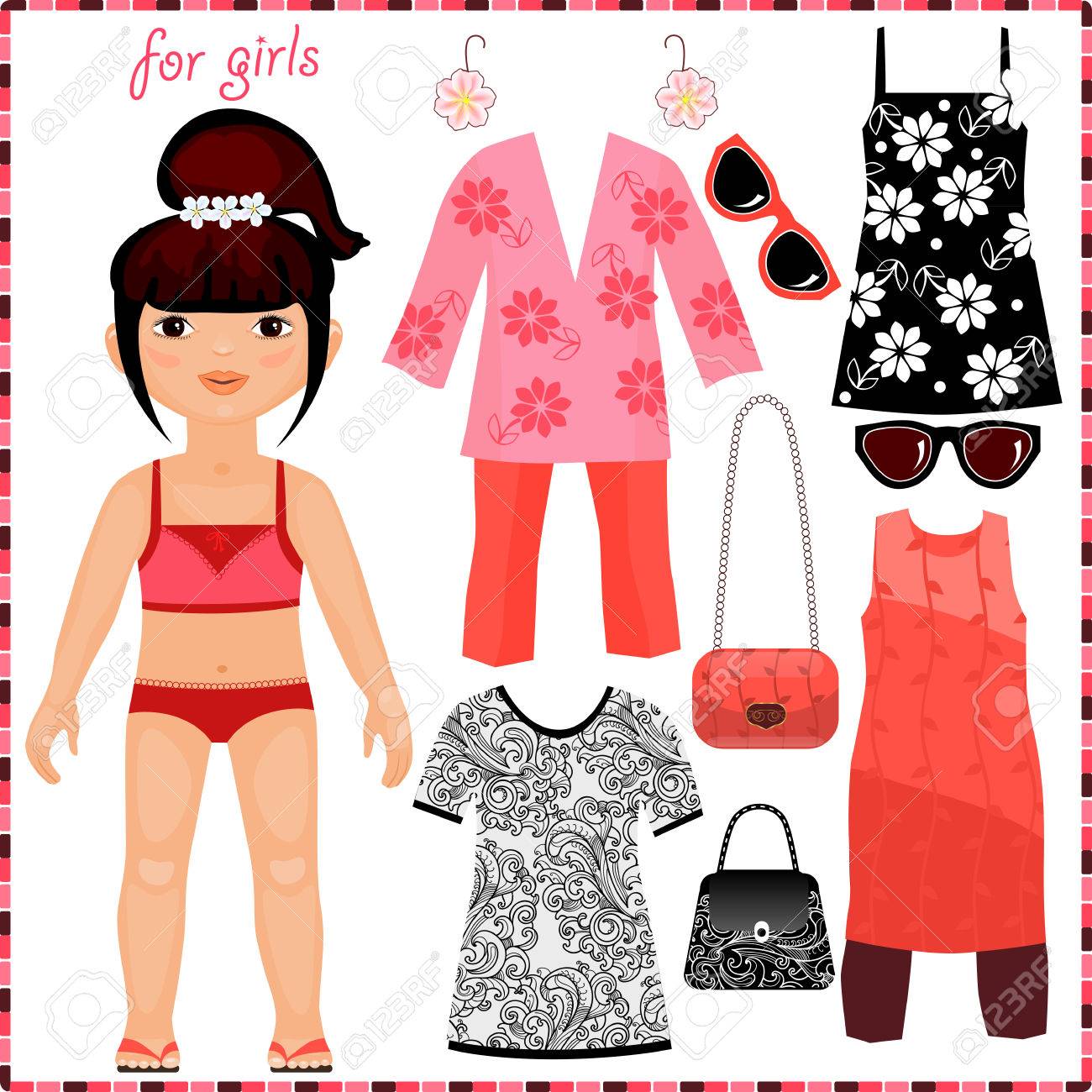 paper doll with a set of fashion clothes cute girl template