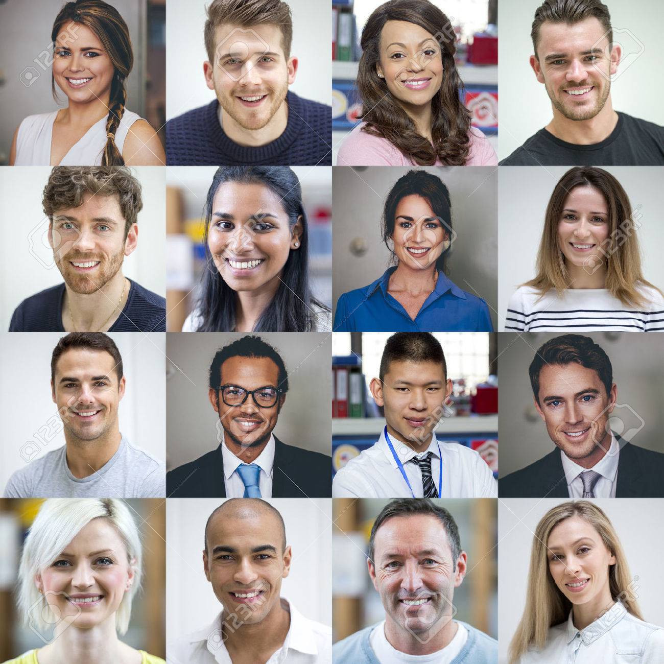 Collage made of sixteen headshots of adults. They are a mix of genders, ages and ethnicities. - 60256948 Collage made of sixteen headshots of adults. They are a mix of genders, ages and ethnicities. - 60256948