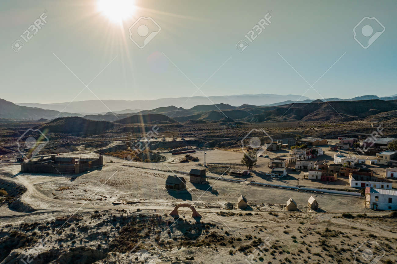 Drone above view of Tabernas Desert Landscape Texas Hollywood Fort Bravo the western style theme park in Almeria Andalusia Spain Europe - 165004156 Drone above view of Tabernas Desert Landscape Texas Hollywood Fort Bravo the western style theme park in Almeria Andalusia Spain Europe - 165004156
