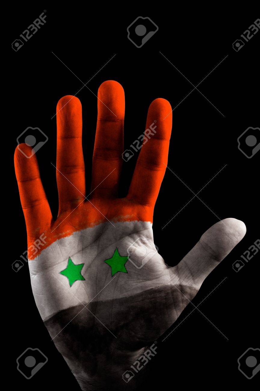Una Mano Abierta Con La Bandera De Siria Pintado En El Como Decir No Mas Violencia Rojo Negro Blanco Y Dos Estrellas Verdes Fotos Retratos Imagenes Y Fotografia De Archivo Libres De
