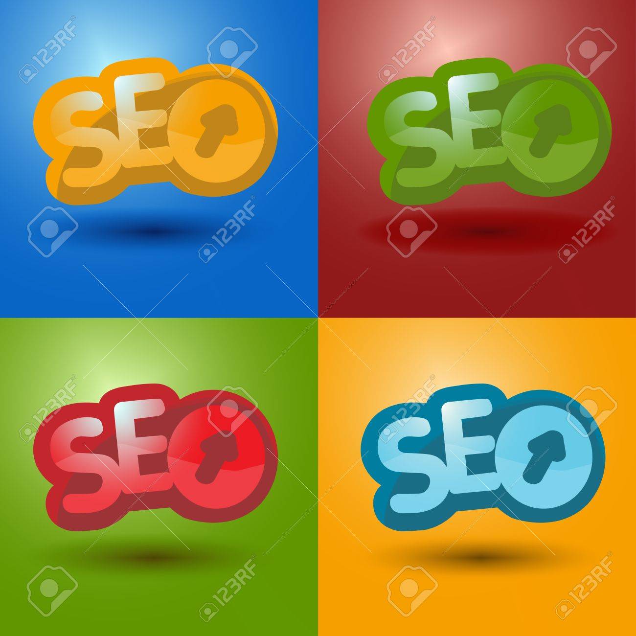 Seo のロゴ 4 の異なる検索エンジン メディア マーケティング 最適化アイコン 4 色を色します のイラスト素材 ベクタ Image