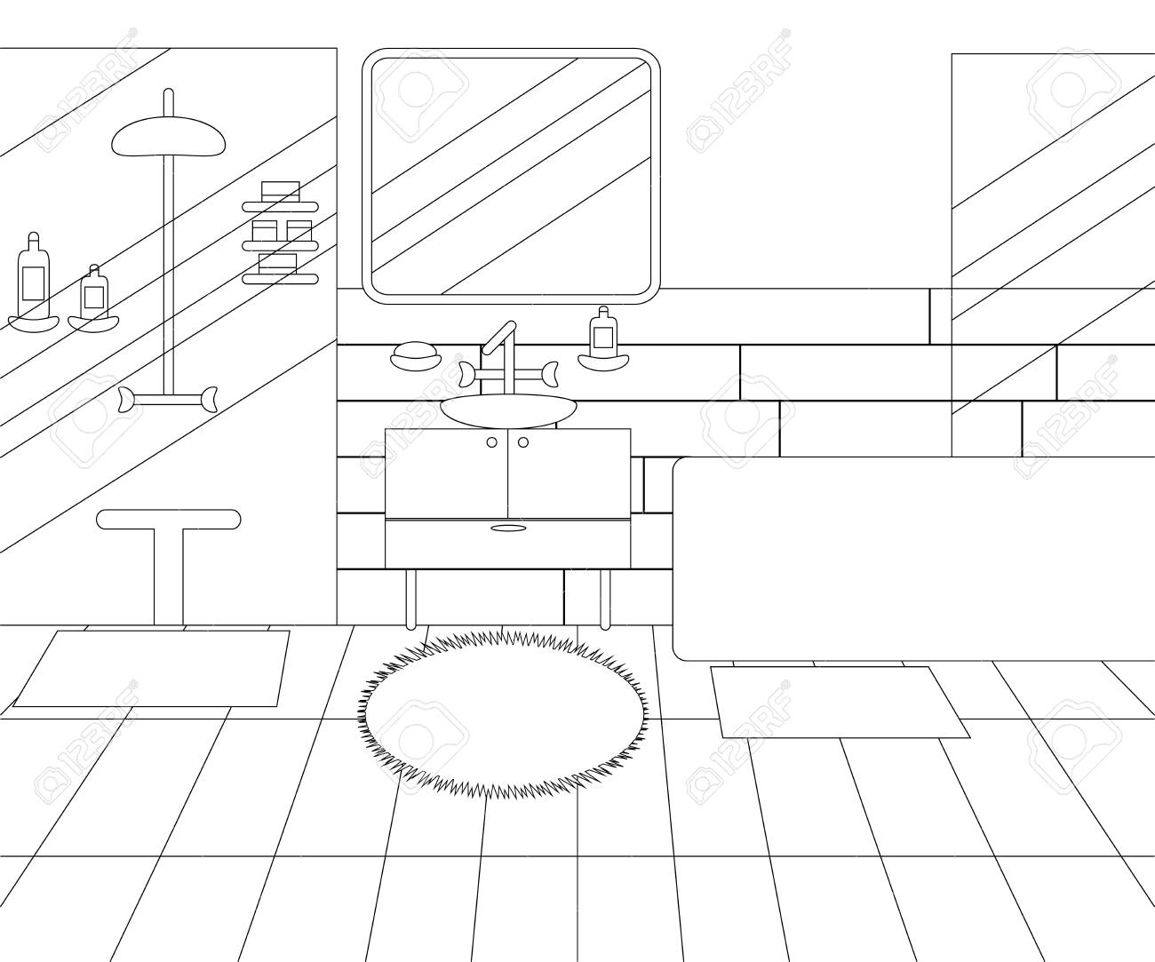 Vector Line Illustration of Interior of Bathroom with Furniture. Whire and Black Outline Sketch of Home Related. Vector Design in Line Art Style. Design of Modern Interior of Bathroom - 122814185 Vector Line Illustration of Interior of Bathroom with Furniture. Whire and Black Outline Sketch of Home Related. Vector Design in Line Art Style. Design of Modern Interior of Bathroom - 122814185
