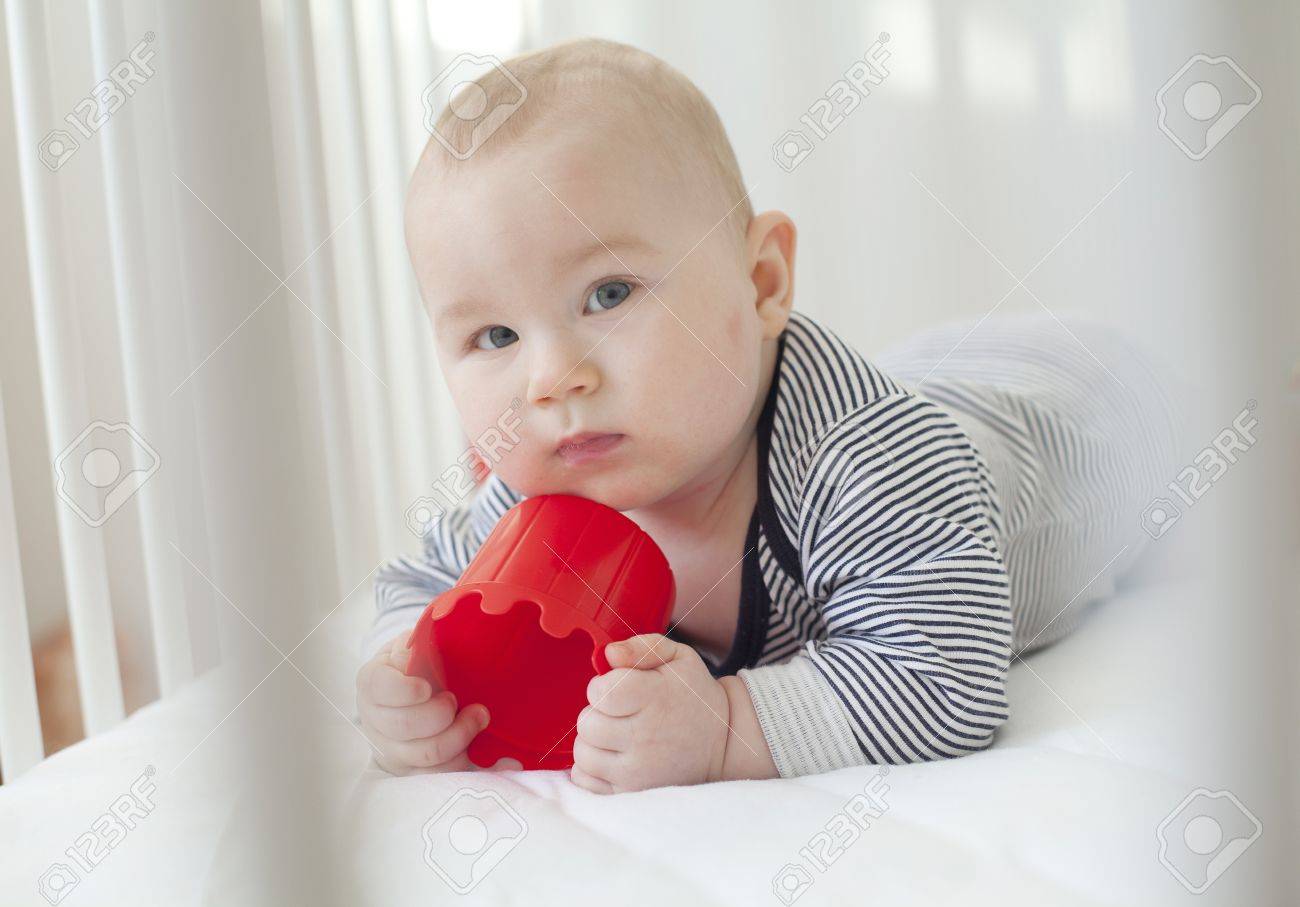 Adorable Bebe De 7 Mois Qui Pose Dans Son Lit Blanc Avec Un Jouet Rouge Banque D Images Et Photos Libres De Droits Image Adorable Bebe De 7 Mois Qui Pose Dans Son Lit Blanc Avec Un Jouet Rouge Banque D Images Et Photos Libres De Droits Image