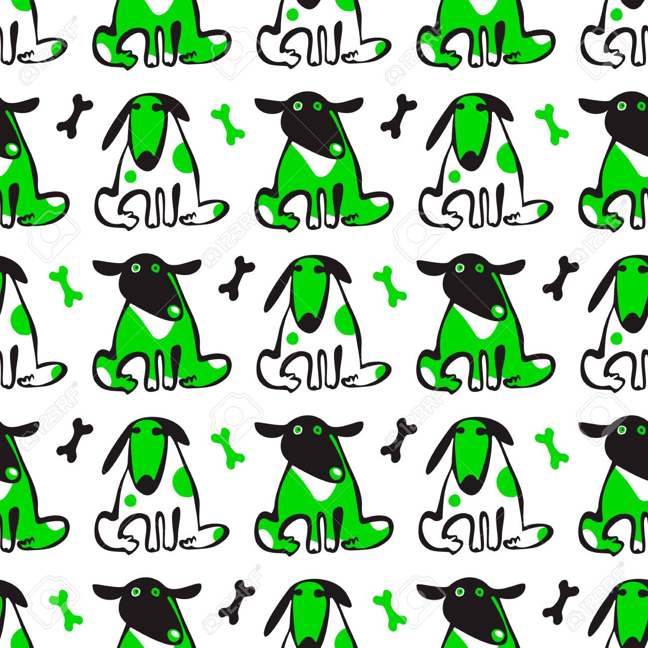 seamless vector pattern with cute funny dogs and their treats