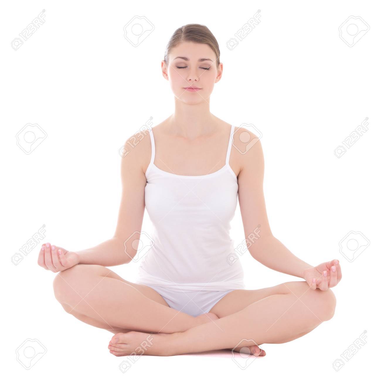 Mujer Delgada Joven En Ropa Interior Algodón Haciendo Yoga Aislado En Fondo Blanco Fotos, Imágenes Y Fotografía De Archivo Libres De Image 34047531.