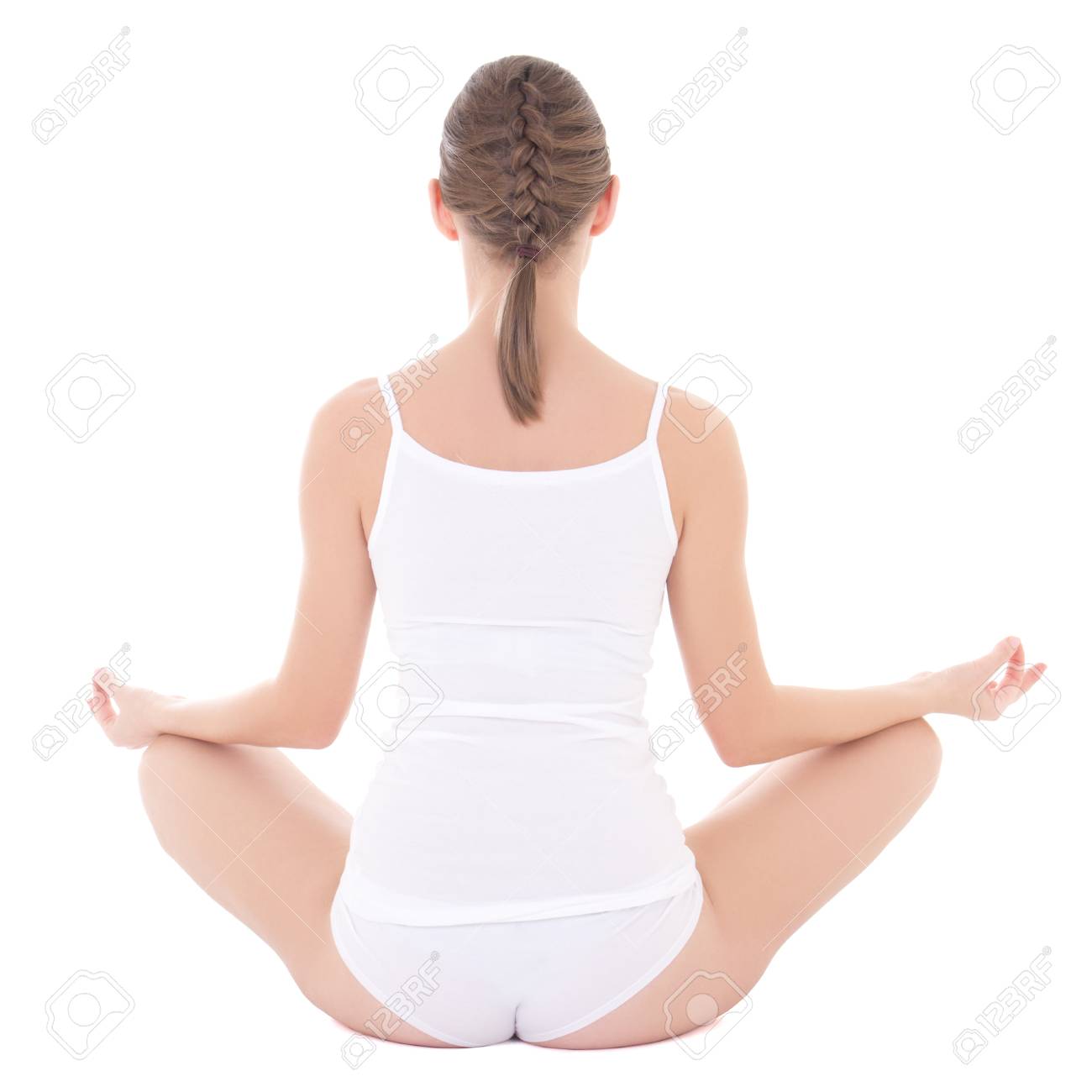 Posterior De Mujer Delgada En Ropa Interior De Algodón Haciendo Aislado En Fondo Blanco Fotos, Retratos, Imágenes Y De Archivo Libres De Image 34153189.