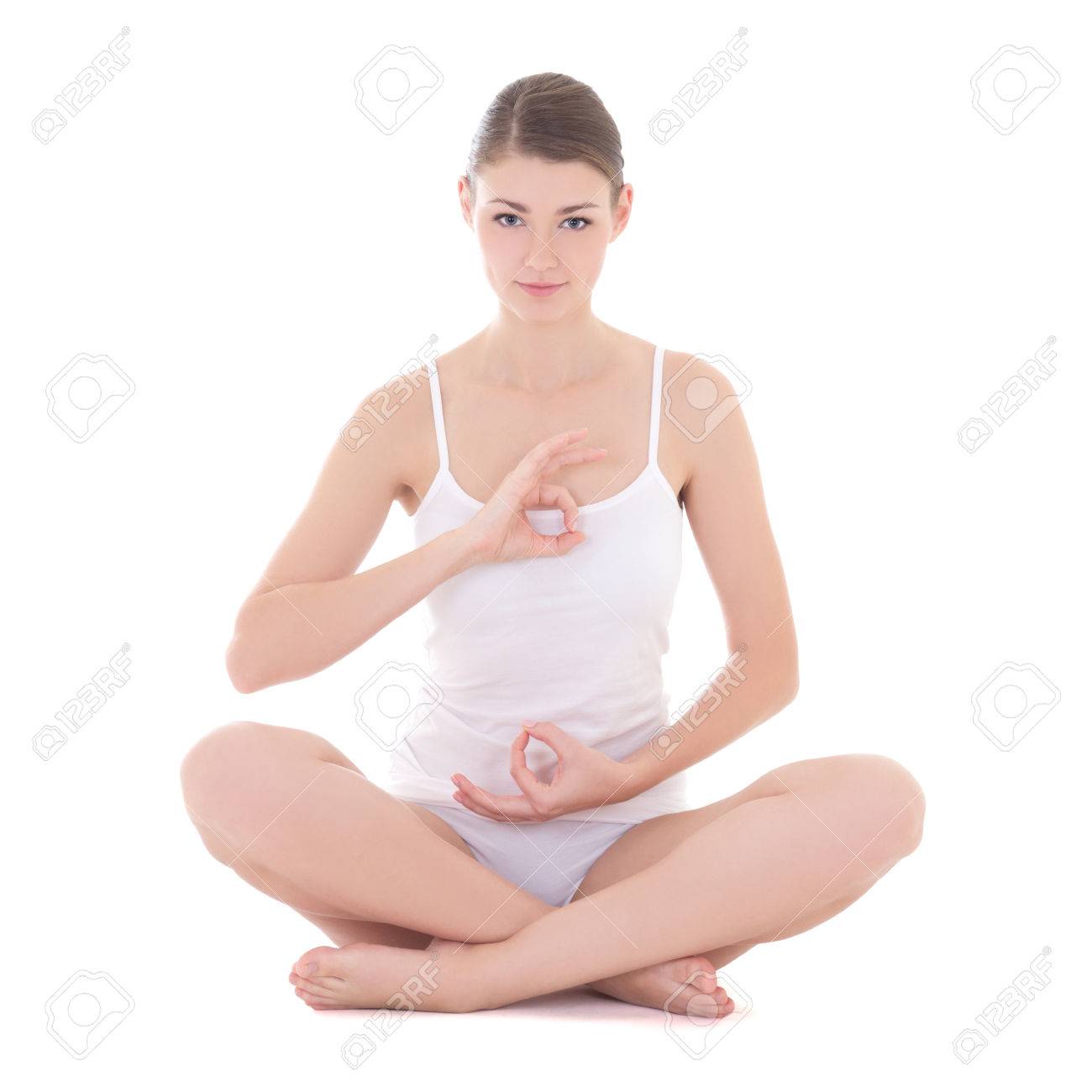 Joven Y Bella Delgada En Ropa Interior De Algodón Haciendo Yoga Aislado En Fondo Blanco Fotos, Retratos, Imágenes Y Fotografía De Archivo De Derecho. Image 34281219.