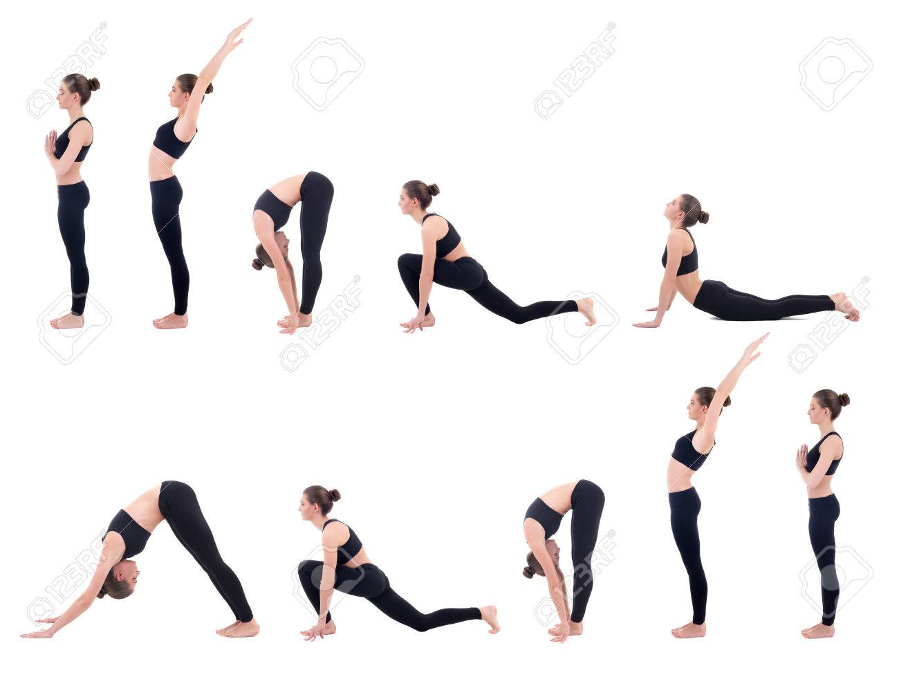 Beautiful Slim Woman In Yoga Sun Salutation Sequence Poses Isolated On White Background Stock Photo Beautiful Slim Woman In Yoga Sun Salutation Sequence Poses Isolated On White Background Stock Photo