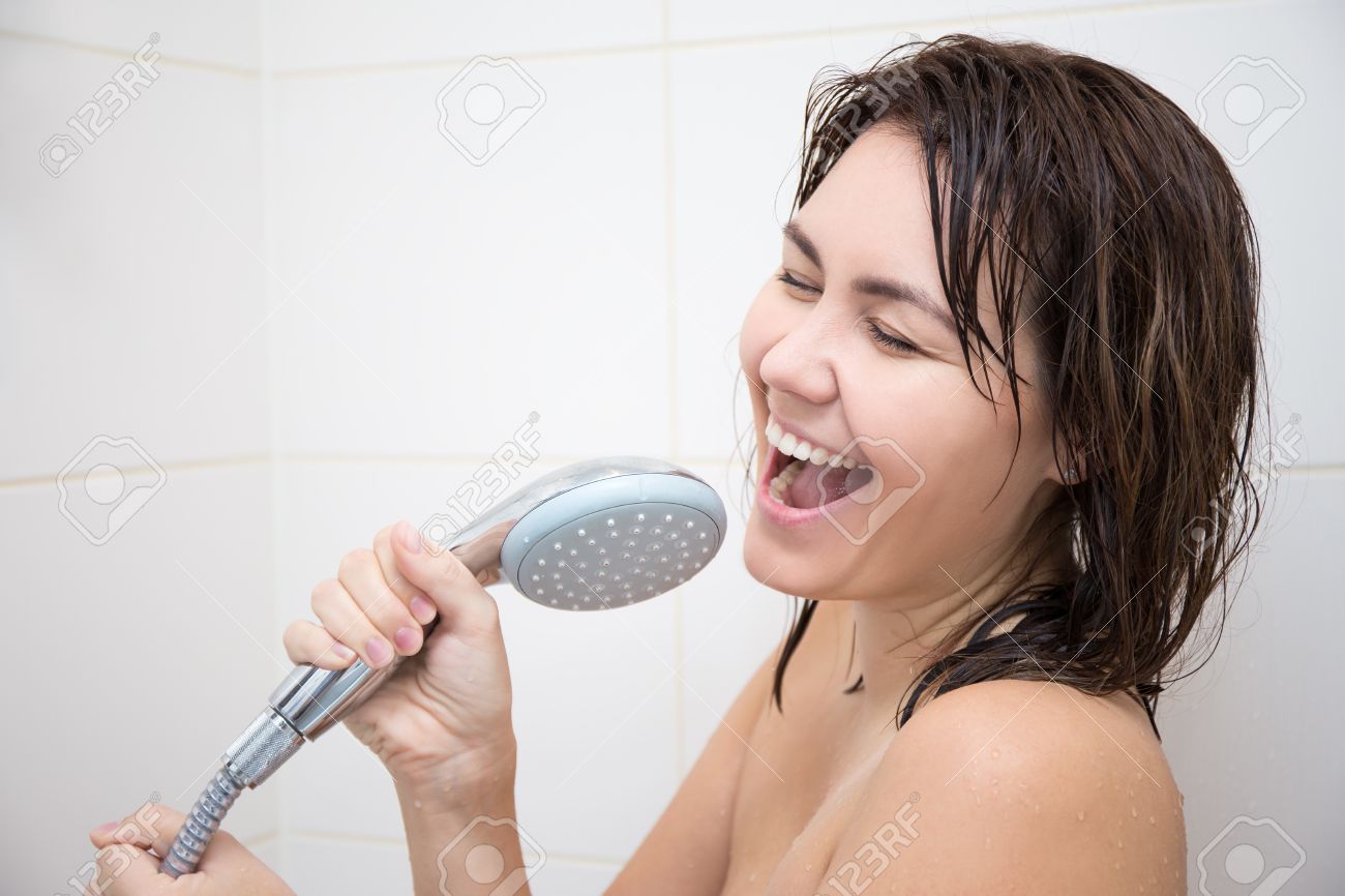 portrait of happy funny woman singing in shower - 47030315 portrait of happy funny woman singing in shower - 47030315