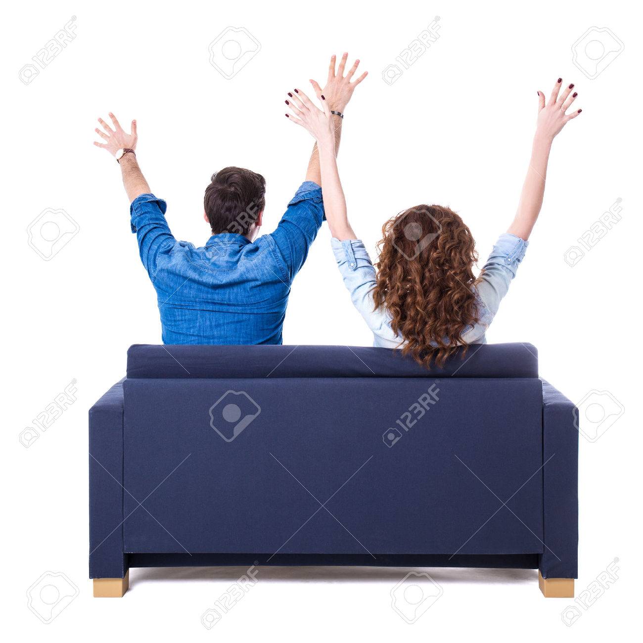 back view of young cheerful couple sitting on sofa isolated on white background - 52634662 back view of young cheerful couple sitting on sofa isolated on white background - 52634662