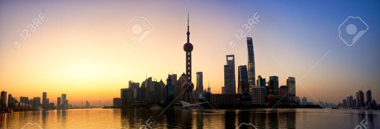 Pudong skyline panorama at sunrise Shanghai China - 40801604 Pudong skyline panorama at sunrise Shanghai China - 40801604