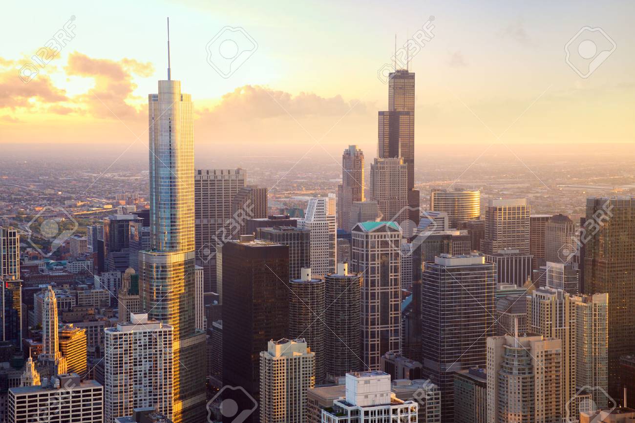 Chicago skyscrapers at sunset, aerial view, United States - 52578835 Chicago skyscrapers at sunset, aerial view, United States - 52578835