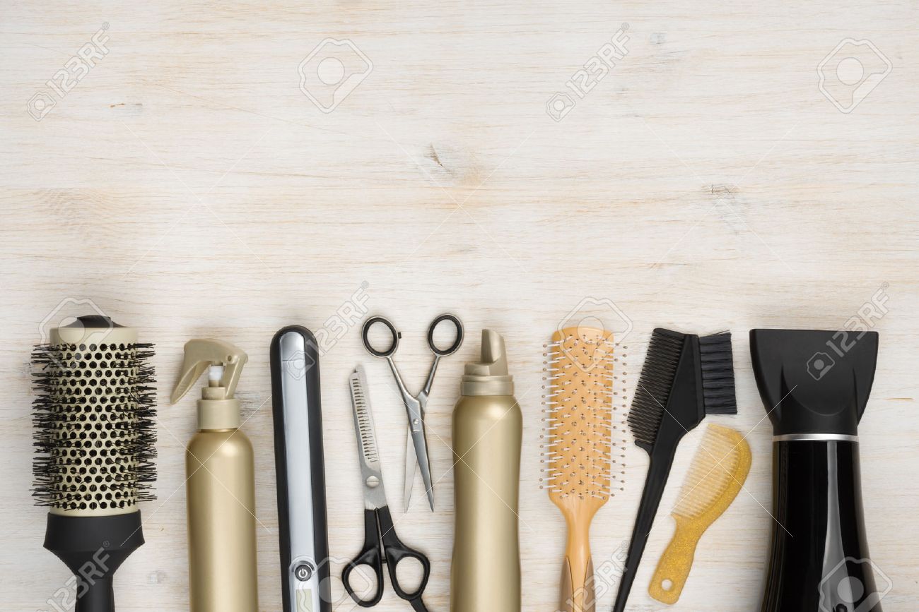 hairdressing tools on wooden