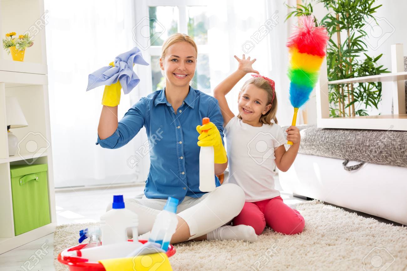Her Kid Do Homework Stock Photo