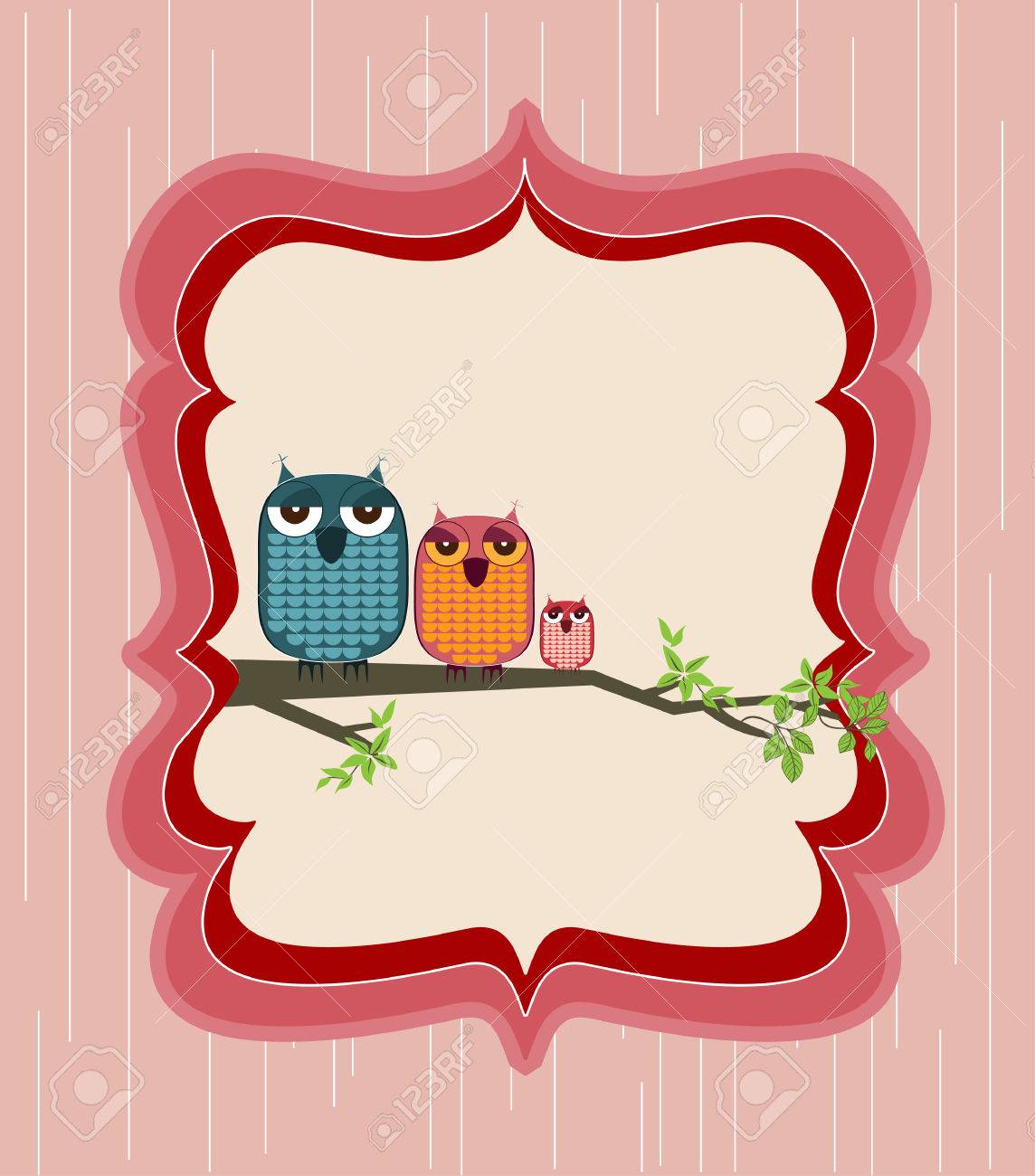 かわいいフクロウ家族の枝に座ってのイラスト素材 ベクタ Image 513