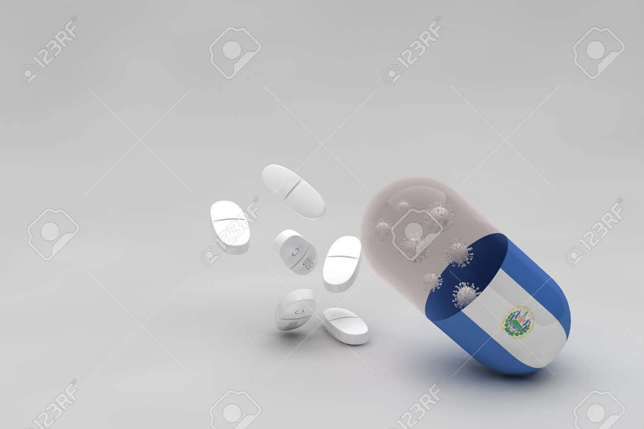 pill with the flag of El Salvador and Anti-epidemiological virus background, particles of Covid-19 virus and 500 mg white medicine capsules. 3d animation - 159670995 pill with the flag of El Salvador and Anti-epidemiological virus background, particles of Covid-19 virus and 500 mg white medicine capsules. 3d animation - 159670995