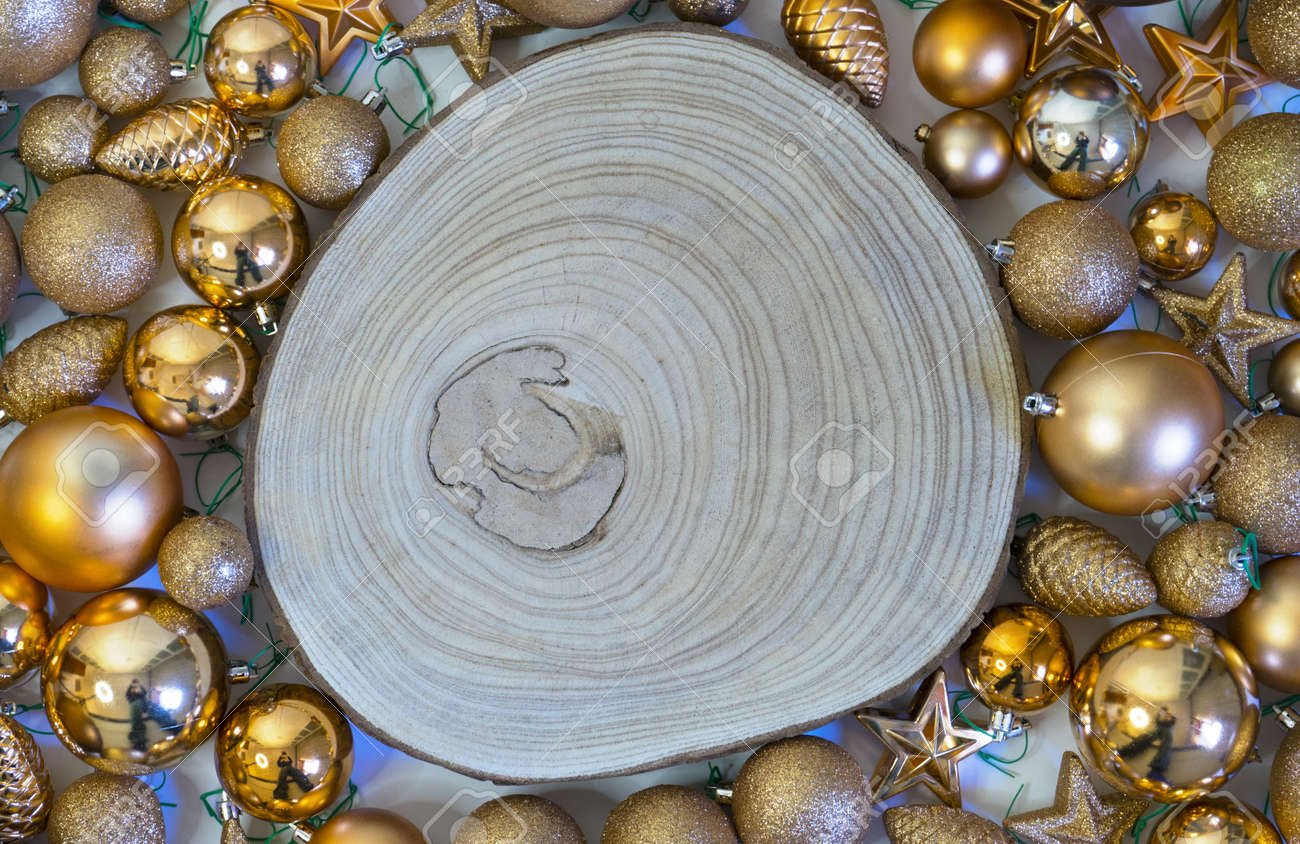 Christmas background and holiday decorations with wooden log - 157609572 Christmas background and holiday decorations with wooden log - 157609572