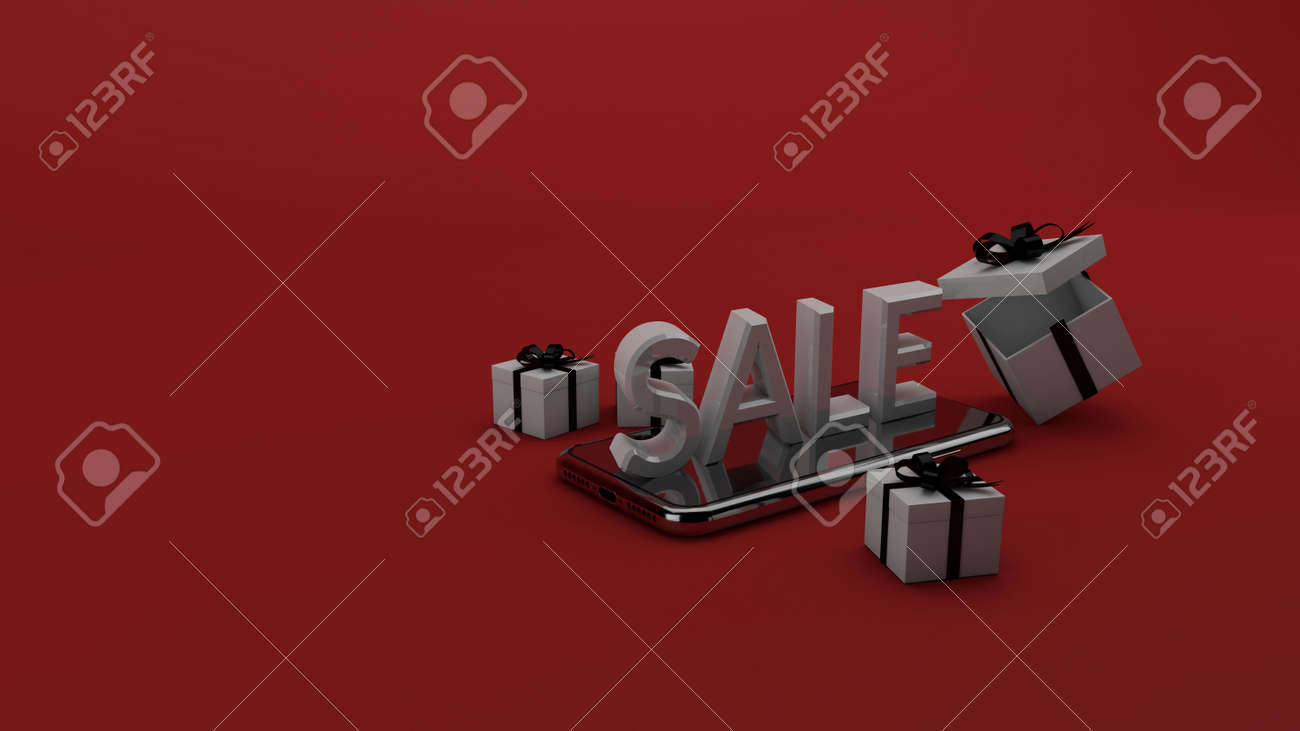 Blackfriday background with phone and gifts with the word SALE. 3d render - 158062457 Blackfriday background with phone and gifts with the word SALE. 3d render - 158062457