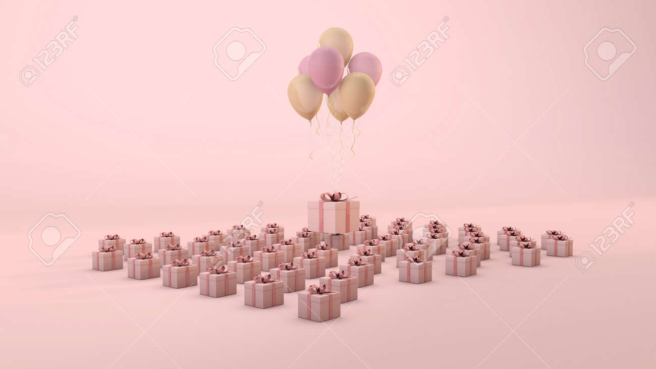 Composition of pink gift boxes with yellow and rose balloons. 3d render with pastel background - 163518761 Composition of pink gift boxes with yellow and rose balloons. 3d render with pastel background - 163518761