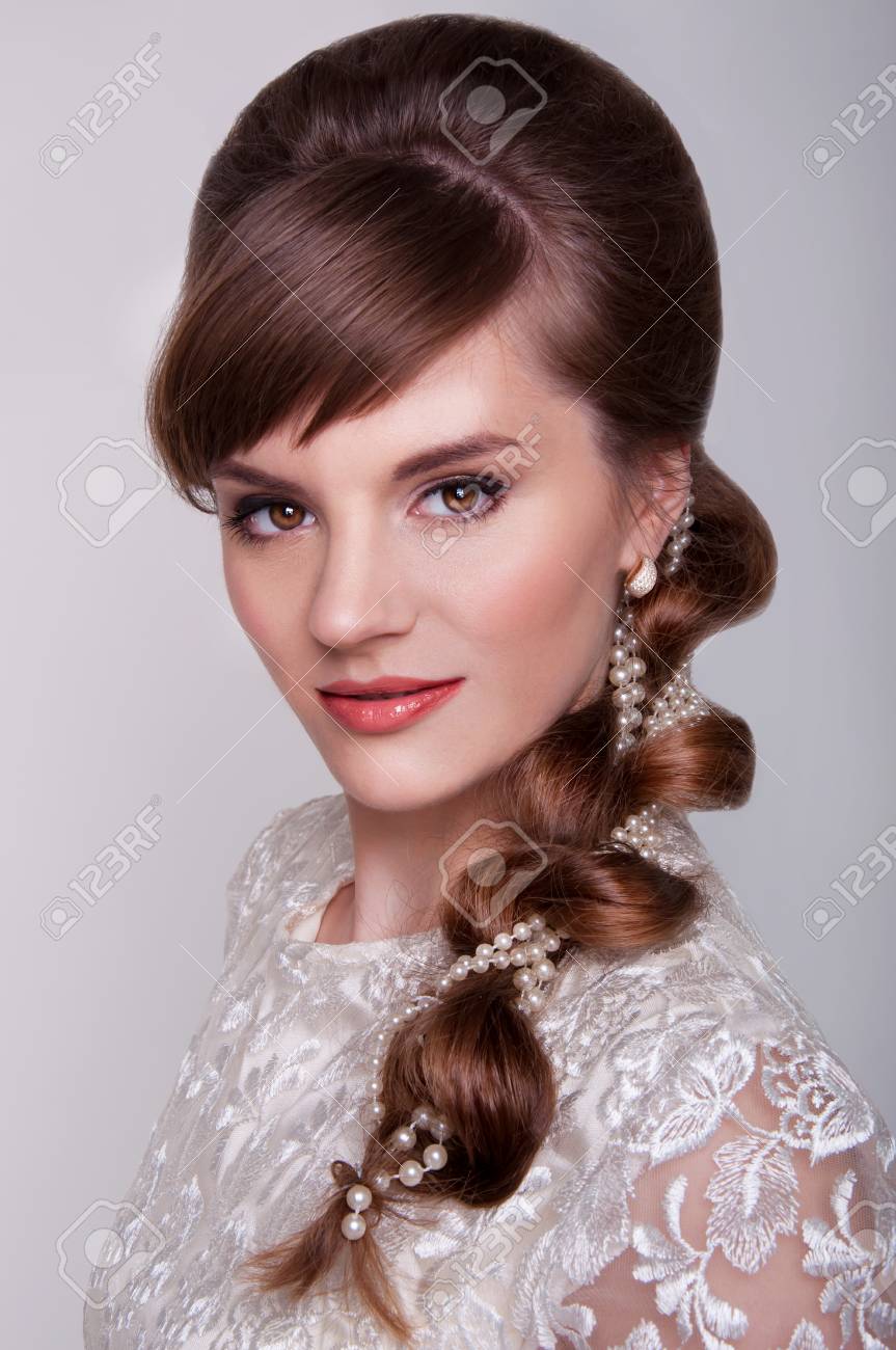 Beautiful Young Bride With Retro Hairstyle Smiling Happily Stock