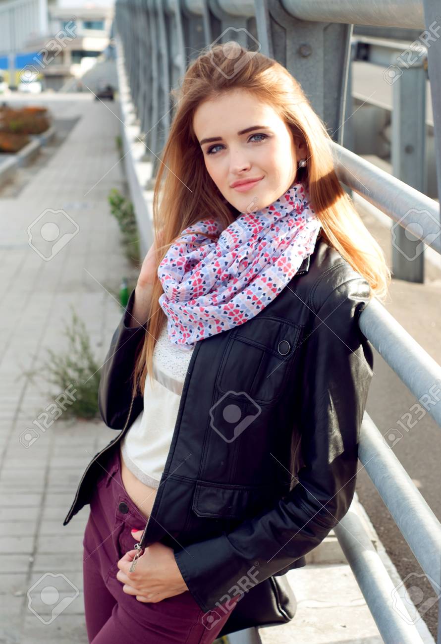 black leather jacket with scarf