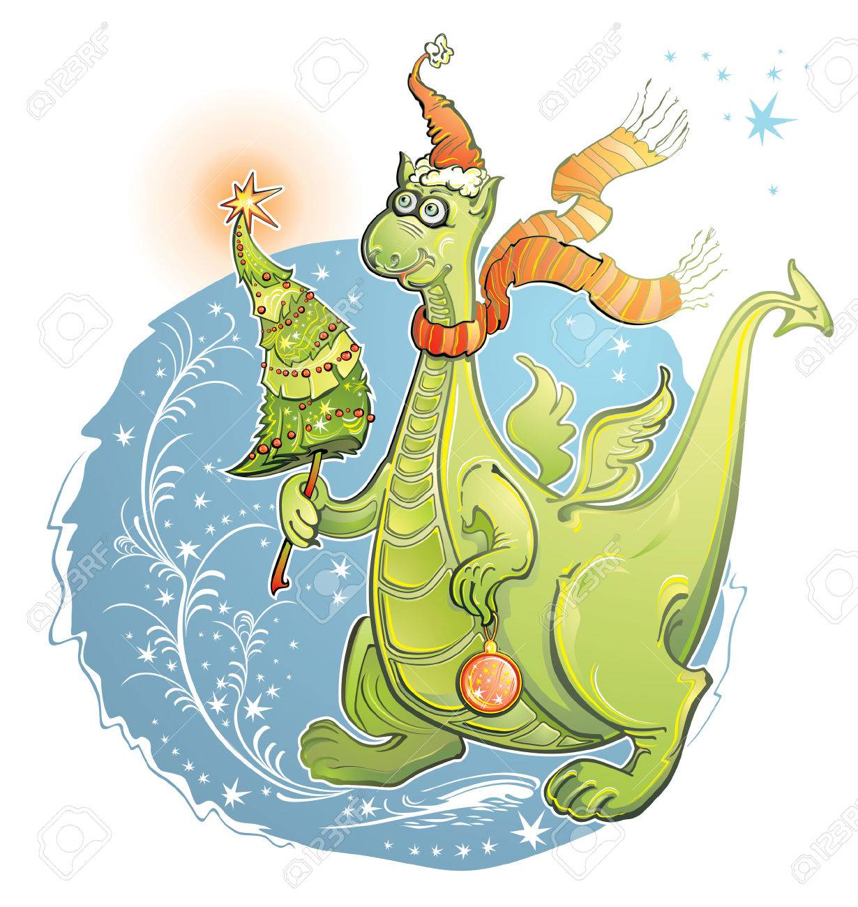 クリスマス ツリーとかわいいドラゴンは 冬の休日を満たしています 幸福な新年とクリスマス のイラスト素材 ベクタ Image