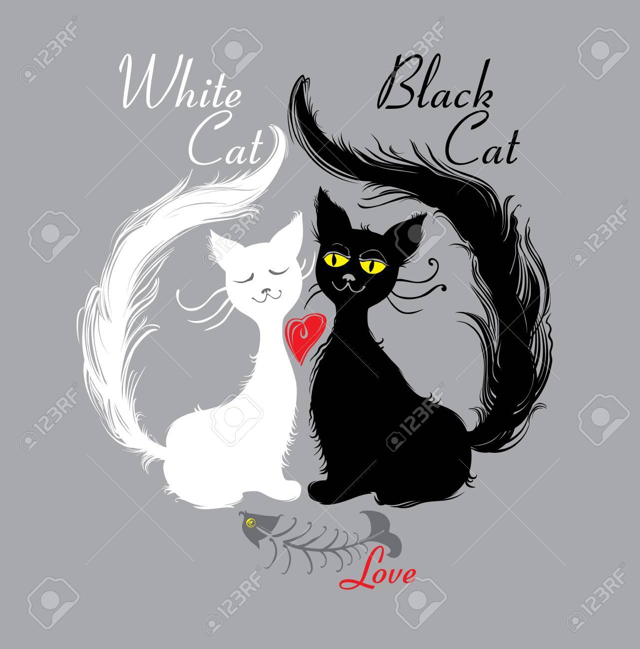 白い猫 黒い猫 大好きです ペア猫は おいしい魚を食べた 面白いイラストです のイラスト素材 ベクタ Image