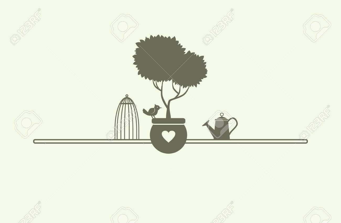 houseplant watering can cage and songbird vector flat template