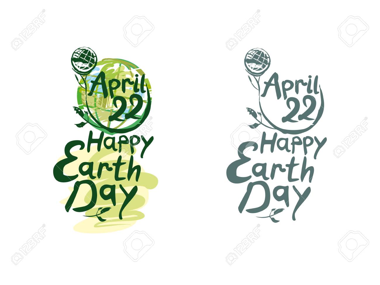 ハッピーアースデー 2 つのオプションのレタリング テンプレート 地球の日 4月22日 長い緑色の茎と手書き の碑文に絵のように美しい地球儀を描きました ベクトルのイラスト のイラスト素材 ベクタ Image