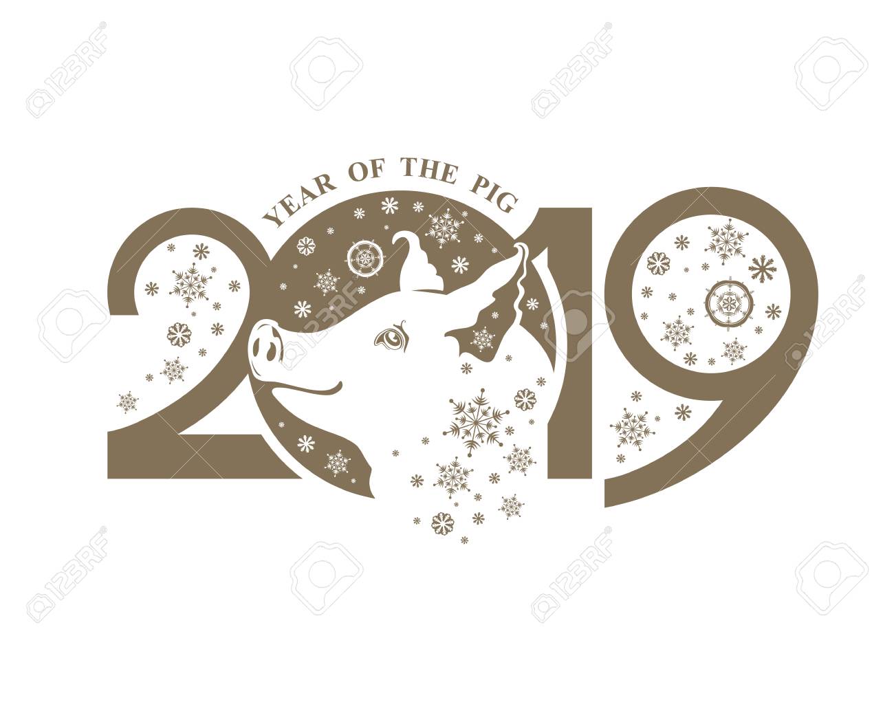 year of the pig 2019 cute piglet and snowflakes flat illustration