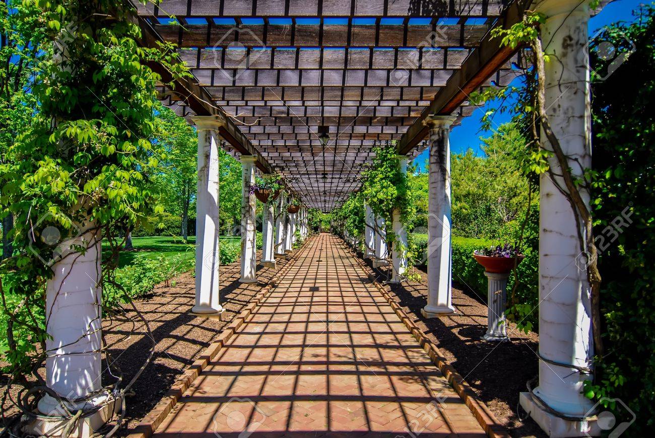 Garden Lattice Walkway With Stone Pavers And Vine Flowers Throughout Stock Photo Picture And Royalty Free Image Image 19438814