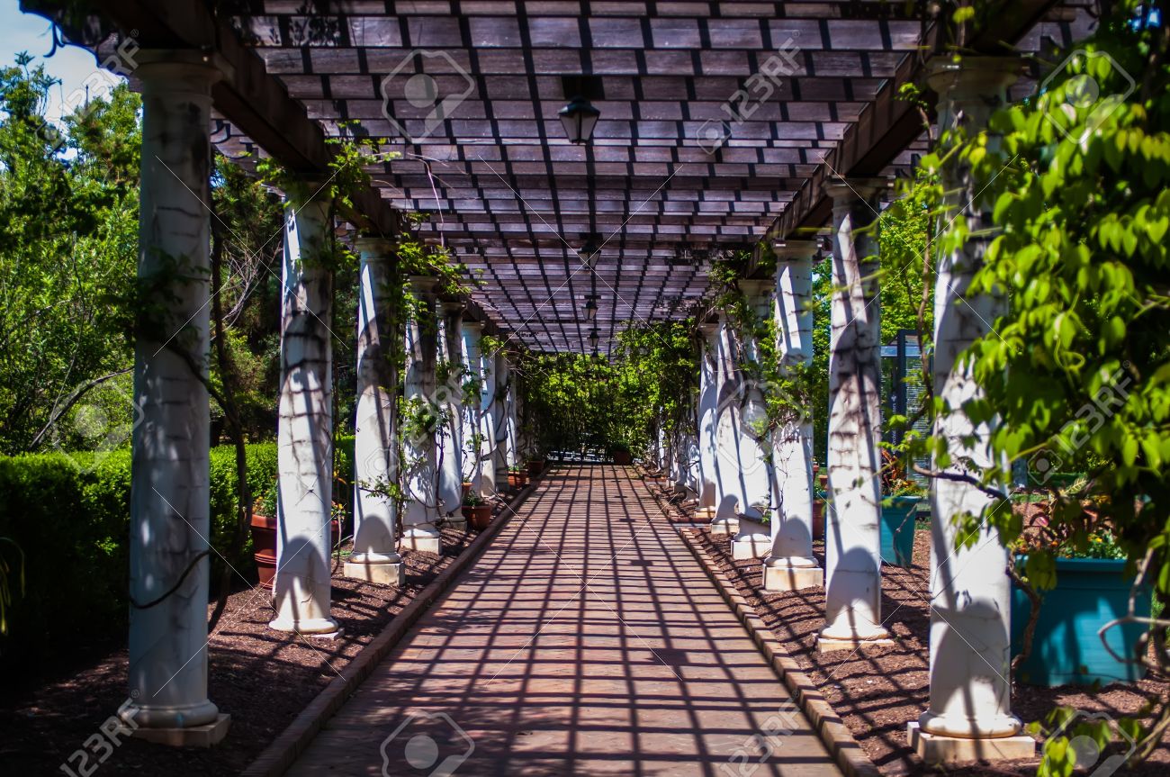 Garden Lattice Walkway With Stone Pavers And Vine Flowers Throughout Stock Photo Picture And Royalty Free Image Image 19438811
