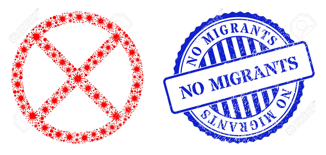 Covid-2019 collage forbidden icon, and grunge NO MIGRANTS seal stamp. Forbidden mosaic for isolation templates, and dirty round blue stamp imprint. - 172186646 Covid-2019 collage forbidden icon, and grunge NO MIGRANTS seal stamp. Forbidden mosaic for isolation templates, and dirty round blue stamp imprint. - 172186646