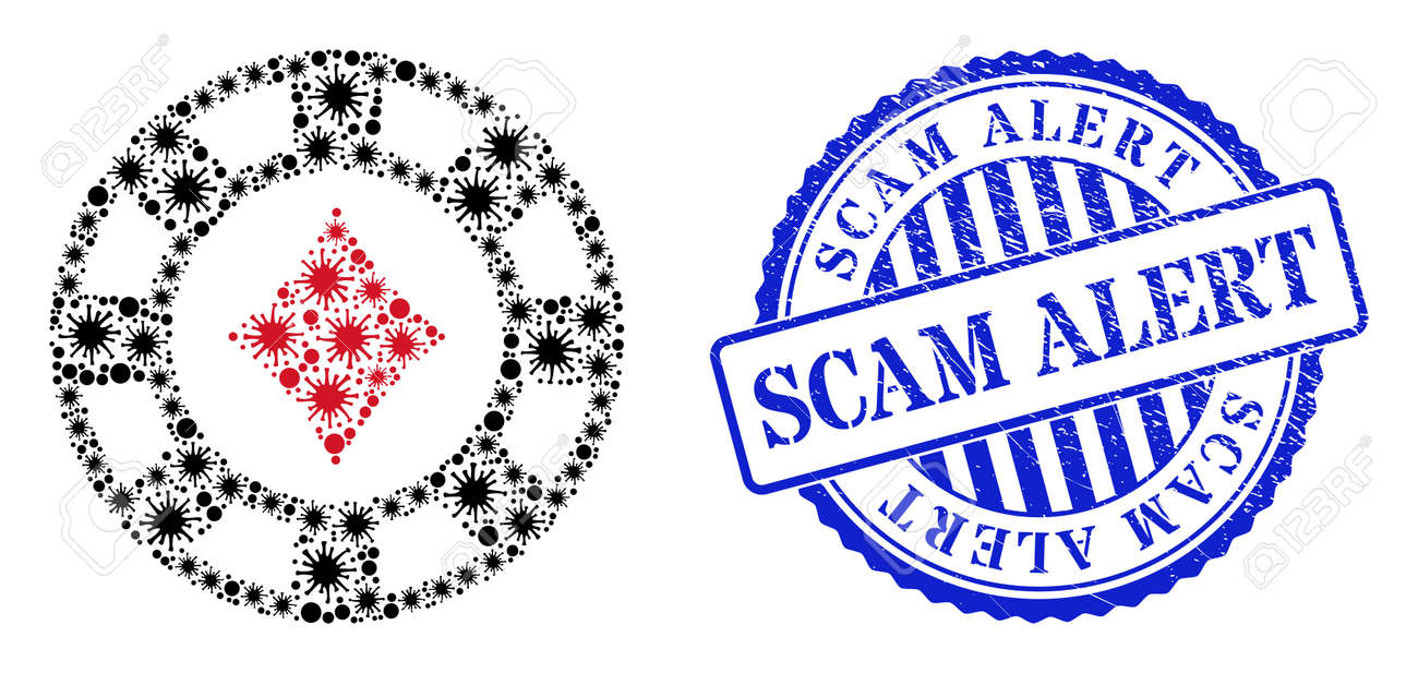 Coronavirus mosaic diamonds casino chip icon, and grunge SCAM ALERT stamp. Diamonds casino chip mosaic for medical templates, and dirty round blue stamp seal. - 172186666 Coronavirus mosaic diamonds casino chip icon, and grunge SCAM ALERT stamp. Diamonds casino chip mosaic for medical templates, and dirty round blue stamp seal. - 172186666