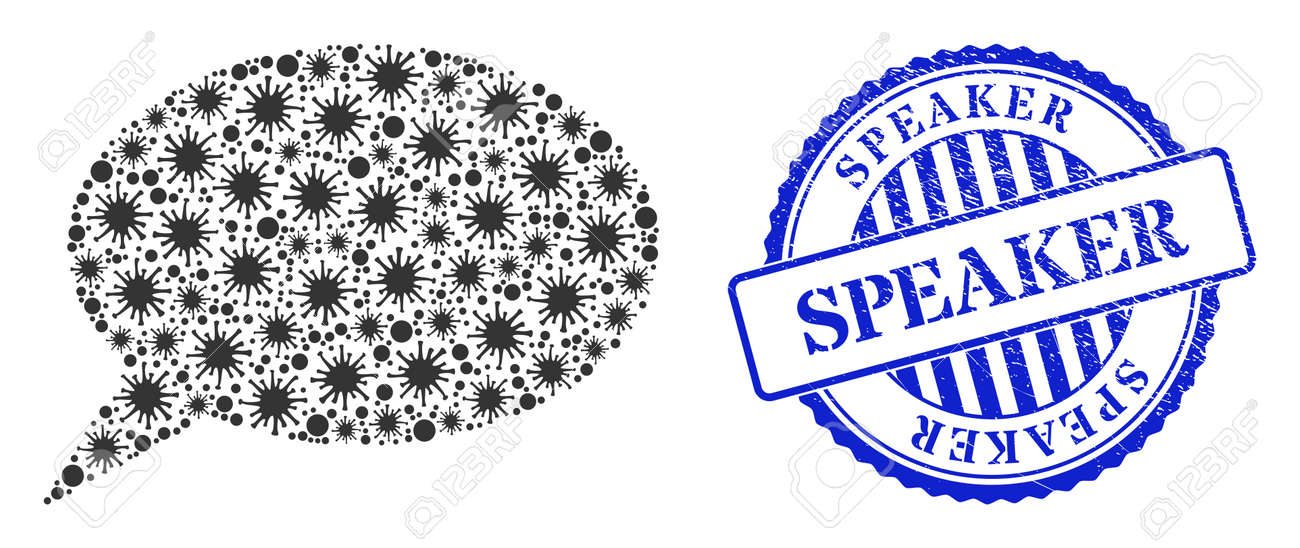 Covid collage forum message icon, and grunge SPEAKER seal. Forum message collage for isolation images, and grunge round blue stamp seal. - 172186548 Covid collage forum message icon, and grunge SPEAKER seal. Forum message collage for isolation images, and grunge round blue stamp seal. - 172186548