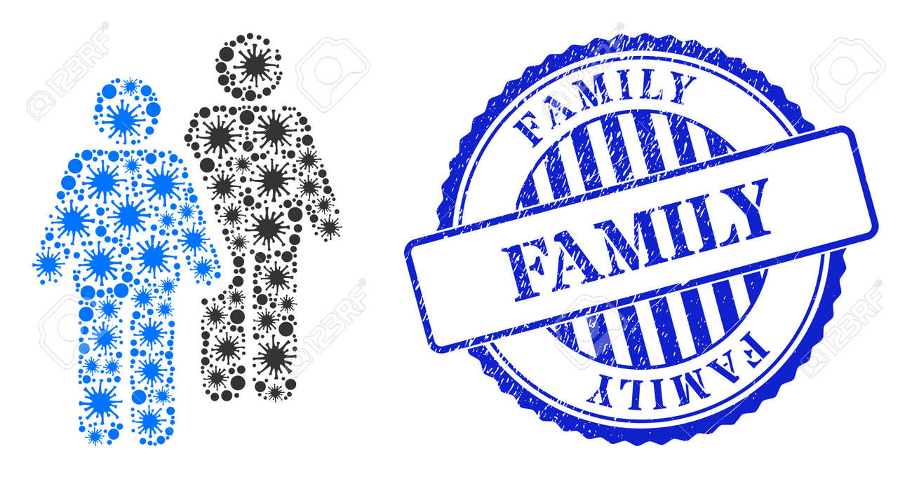 Covid-2019 mosaic persons couple icon, and grunge FAMILY stamp. Gay persons couple mosaic for breakout images, and unclean round blue stamp. Vector mosaic is created with scattered cell icons. - 172186508 Covid-2019 mosaic persons couple icon, and grunge FAMILY stamp. Gay persons couple mosaic for breakout images, and unclean round blue stamp. Vector mosaic is created with scattered cell icons. - 172186508