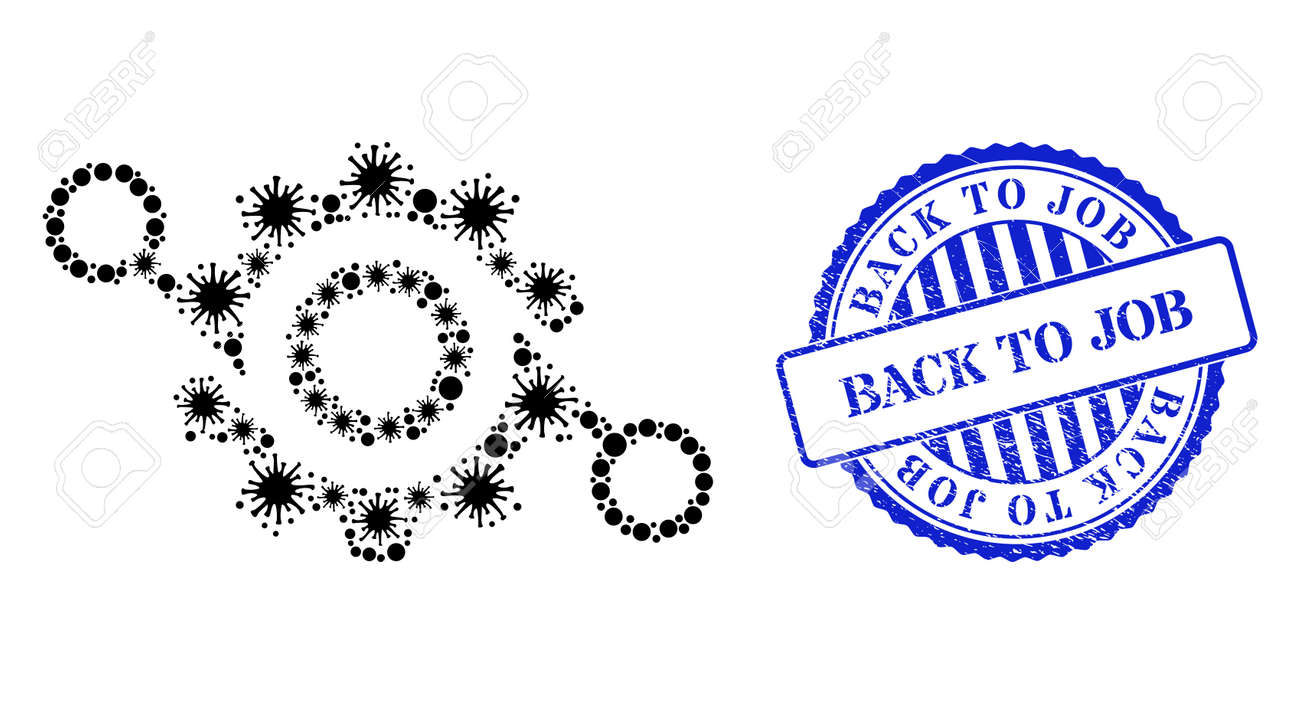 Coronavirus collage gear project icon, and grunge BACK TO JOB seal stamp. Gear project collage for medical templates, and textured round blue stamp imprint. - 172186496 Coronavirus collage gear project icon, and grunge BACK TO JOB seal stamp. Gear project collage for medical templates, and textured round blue stamp imprint. - 172186496