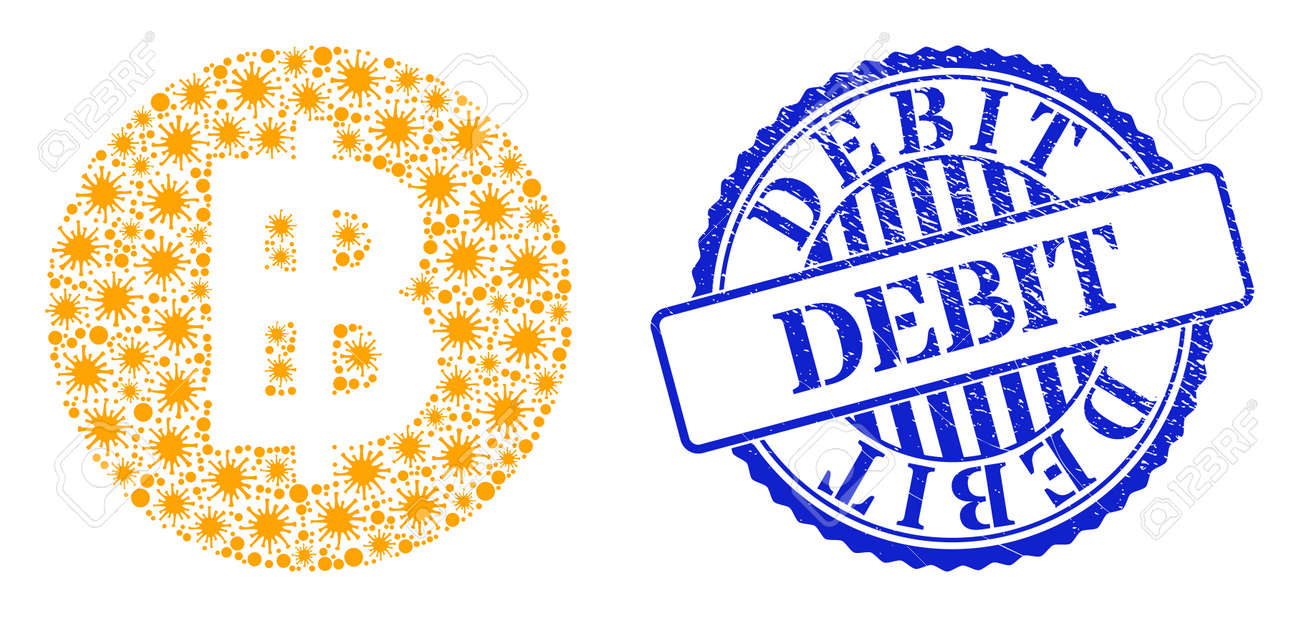 Covid collage bitcoin coin icon, and grunge DEBIT seal stamp. Bitcoin coin mosaic for medical images, and grunge round blue stamp seal. Vector collage is composed from random Covid elements. - 172186344 Covid collage bitcoin coin icon, and grunge DEBIT seal stamp. Bitcoin coin mosaic for medical images, and grunge round blue stamp seal. Vector collage is composed from random Covid elements. - 172186344