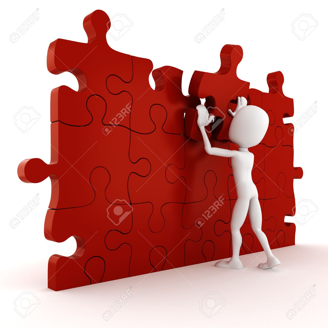 3d man completing a puzzle on white background stock photo picture