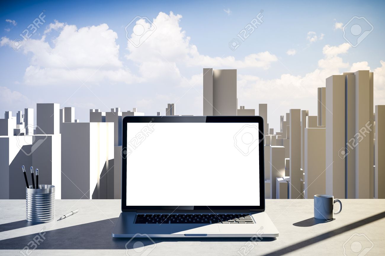 都市のスカイラインを背景に 3 D の仕事場 の写真素材 画像素材 Image 都市のスカイラインを背景に 3 D の仕事場 の写真素材 画像素材 Image
