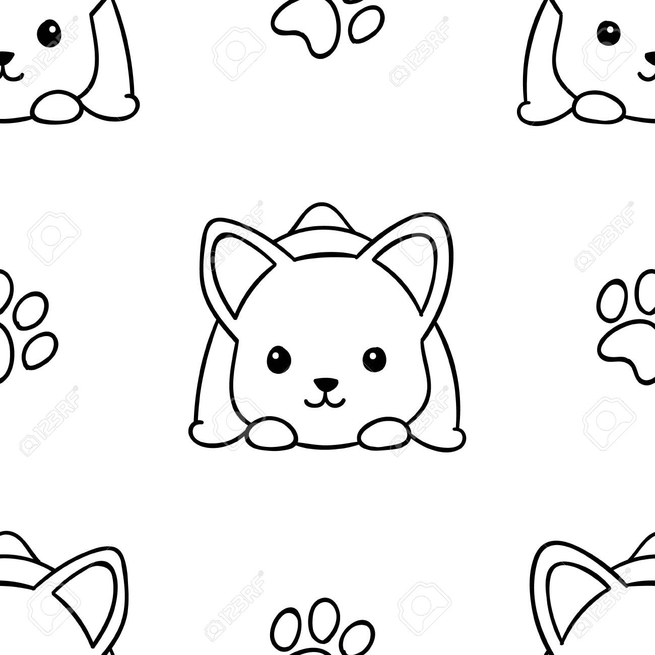 Simple Seamless Pattern, Black And White Cute Kawaii Hand Drawn ...