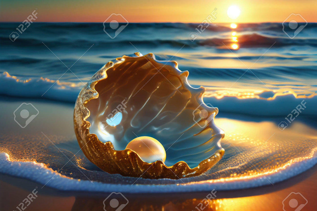 Beautiful White Pearl Inside Golden Shell On A Beach, Sundown. Generative  AI Stock Photo, Picture and Royalty Free Image. Image 202937532., image size:1300x867