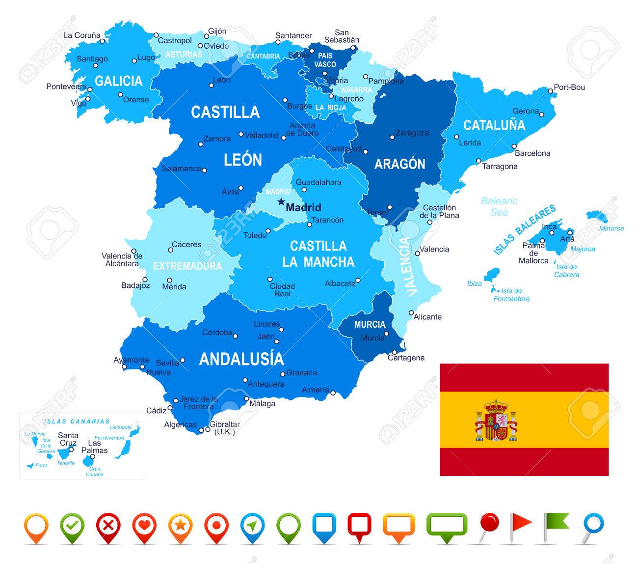 Spain - map, flag and navigation icons - illustration.Image contains next layers. There are land contours, country and land names, city names, water object names, flag, navigation icons. - 42708152 Spain - map, flag and navigation icons - illustration.Image contains next layers. There are land contours, country and land names, city names, water object names, flag, navigation icons. - 42708152