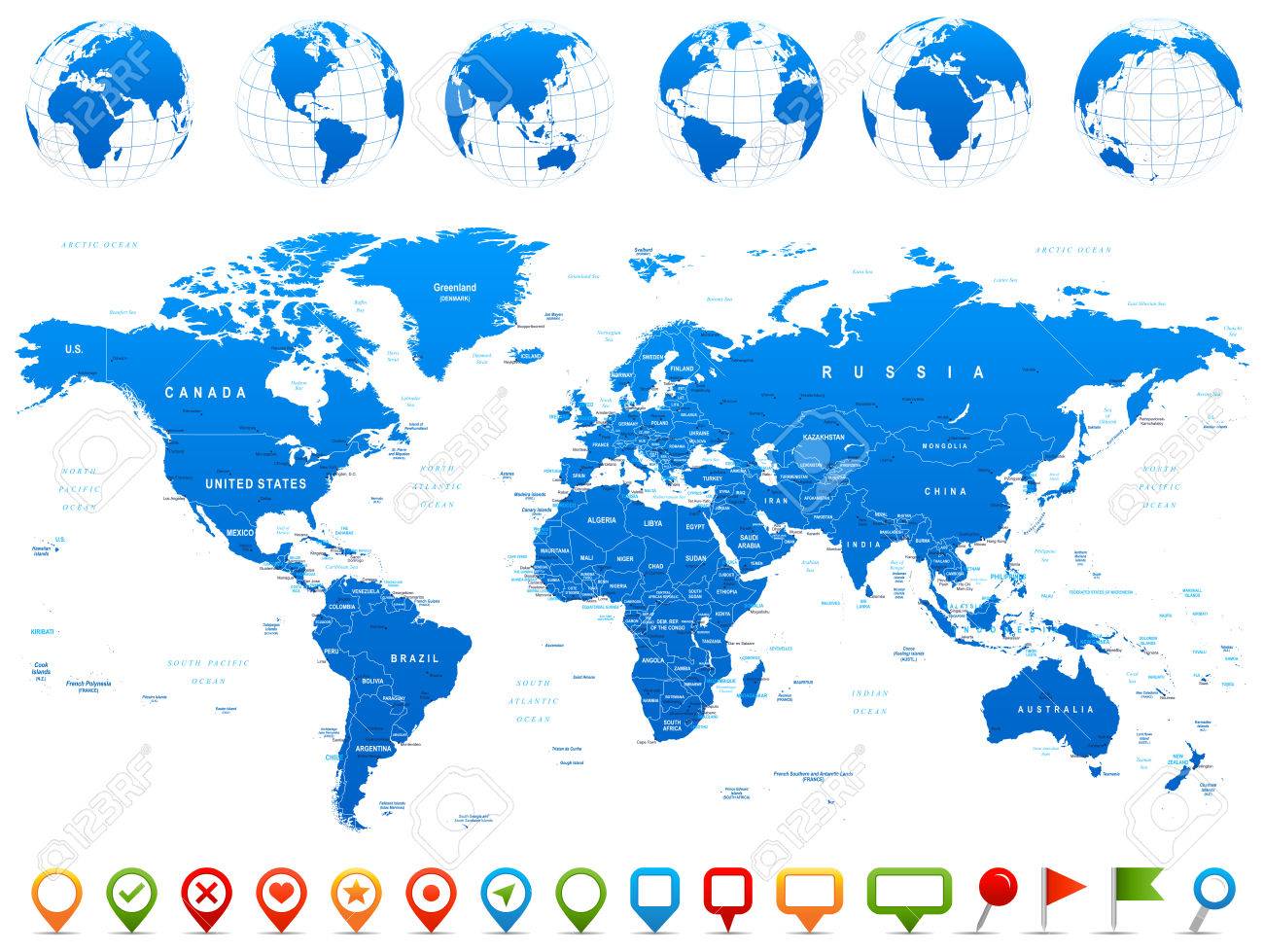 Stok Fotoğraf - World Map, Globes, Continents, Navigation Icons - illustration. Highly detailed vector illustration of world map, globes and continents.