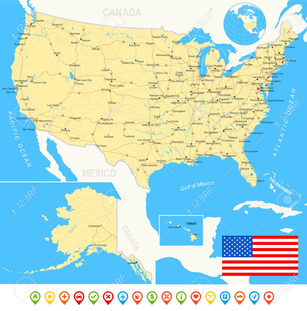 united states usa map flag navigation icons roads rivers