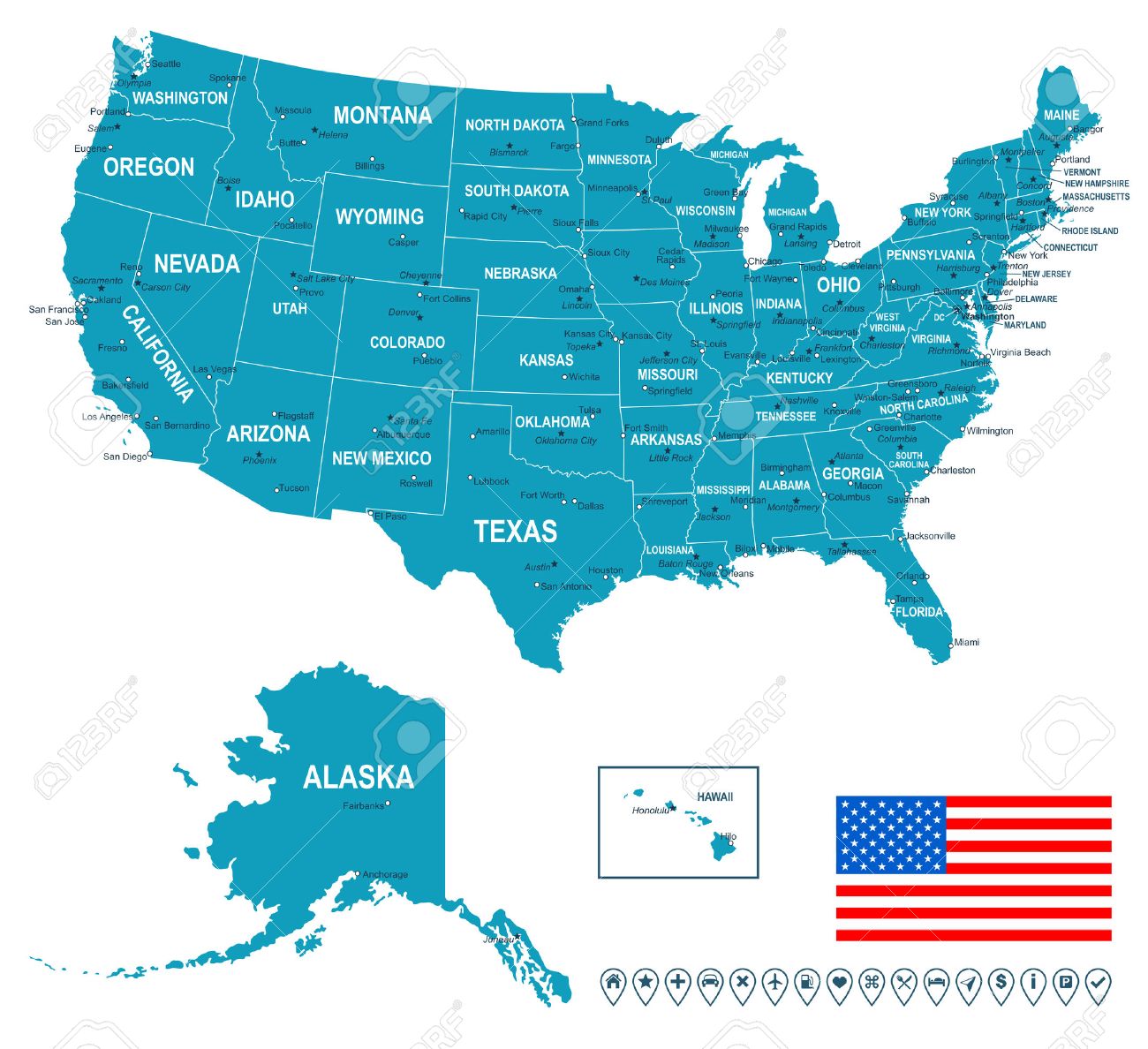 united states usa map flag and navigation labels illustration united states map illustration