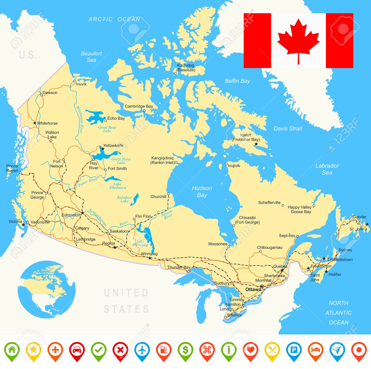 mapa de carreteras de canada Mapa Canadá, Bandera, Iconos De Navegación, Carreteras, Ríos 
