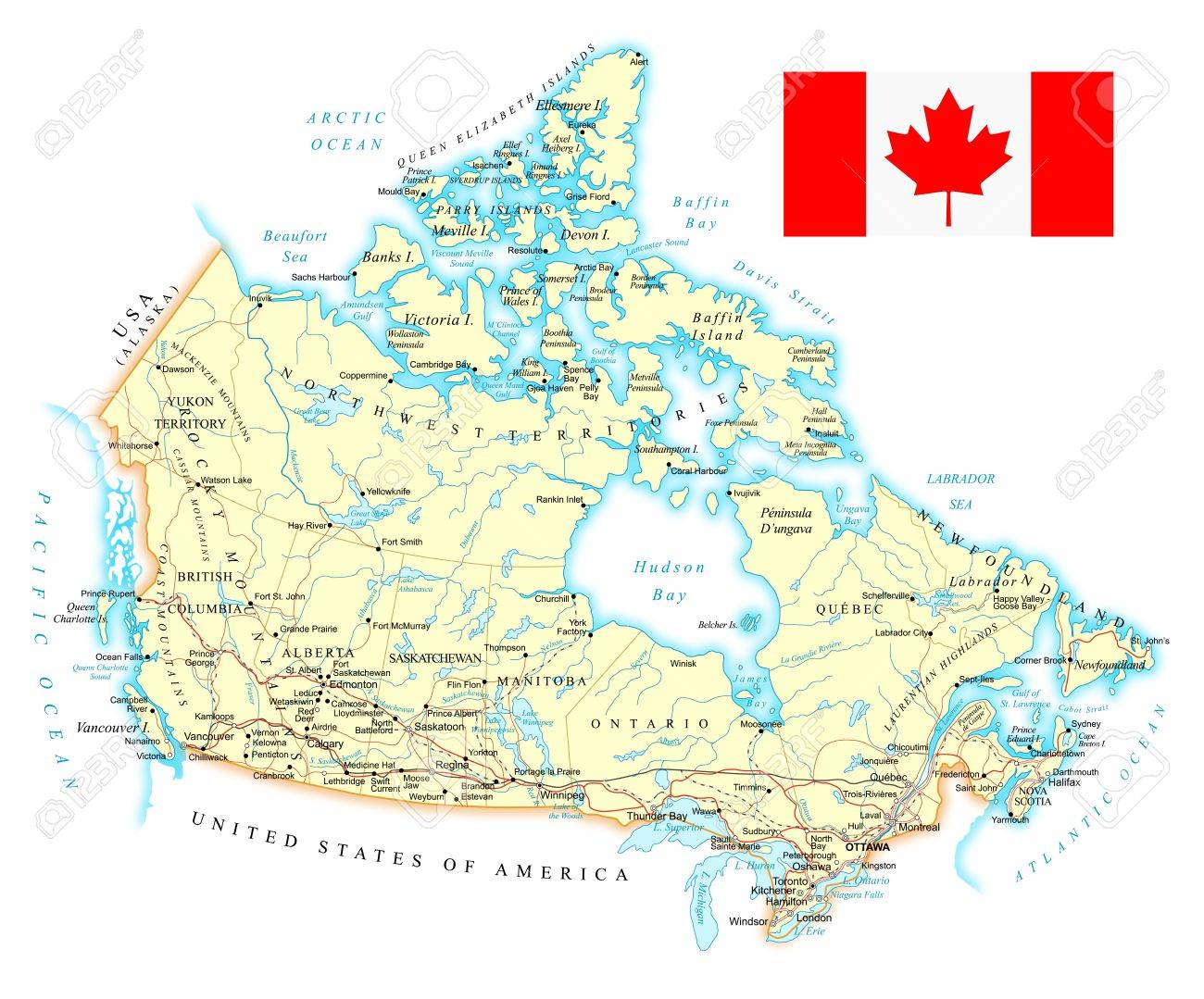 Canada Mapa Detallado Ilustracion Mapa Contiene Contornos Topograficos Pais Y Los Nombres De La Tierra Ciudades Objetos De Agua Carreteras