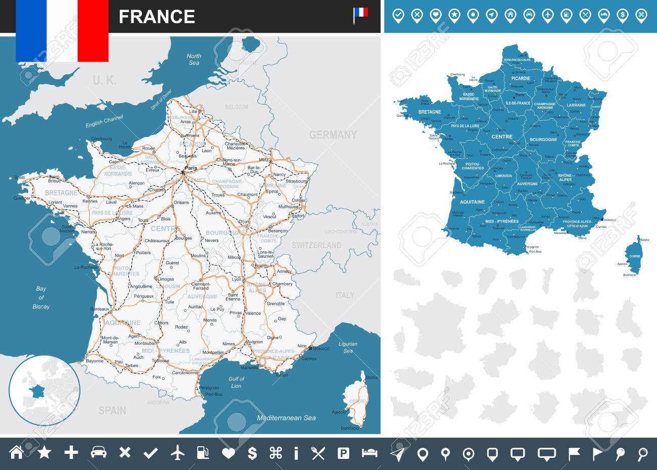 France Carte Infographique Tres Detaillees Illustration Vectorielle Image Contient Contours Terrestres Les Noms De Pays Et De La Terre Les Noms De Ville Les Objets De L Eau Drapeau Icones De Navigation