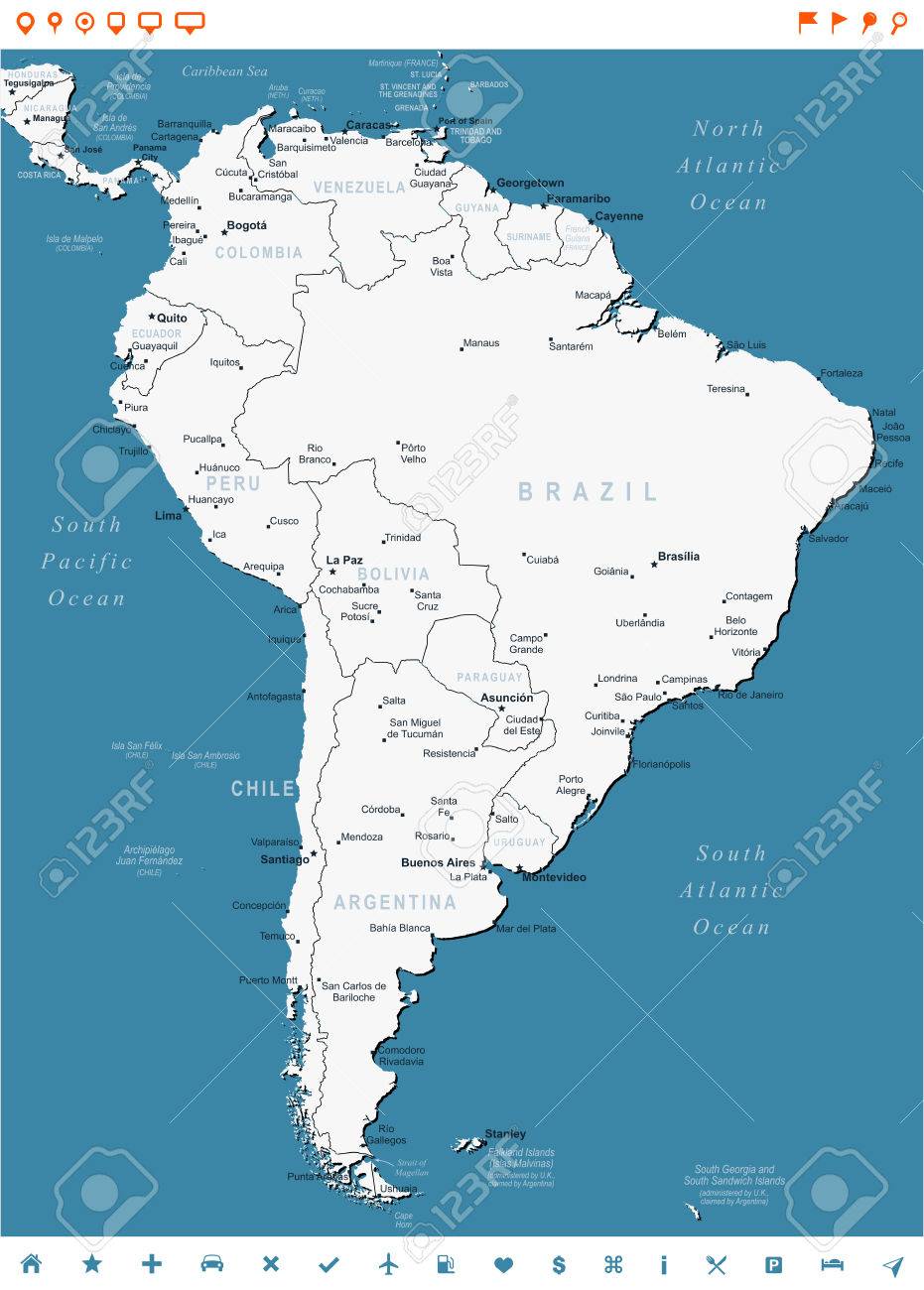 South America Water Map South America Map - Highly Detailed Vector Illustration. Image Contains  Land Contours, Country And Land Names, City Names, Water Object Names,  Navigation Icons. Royalty Free Svg, Cliparts, Vectors, And Stock  Illustration. Image 45054489.